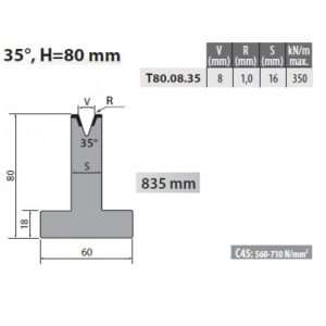 T80-08-35 Rolleri Single Vee Die 8mm Vee 35 Degree 80mm H